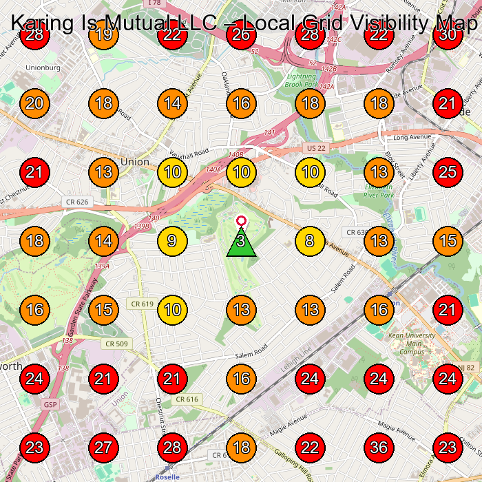 Karing Is Mutual LLC GeoGrid visibility map for Health Insurance Agency in Newark